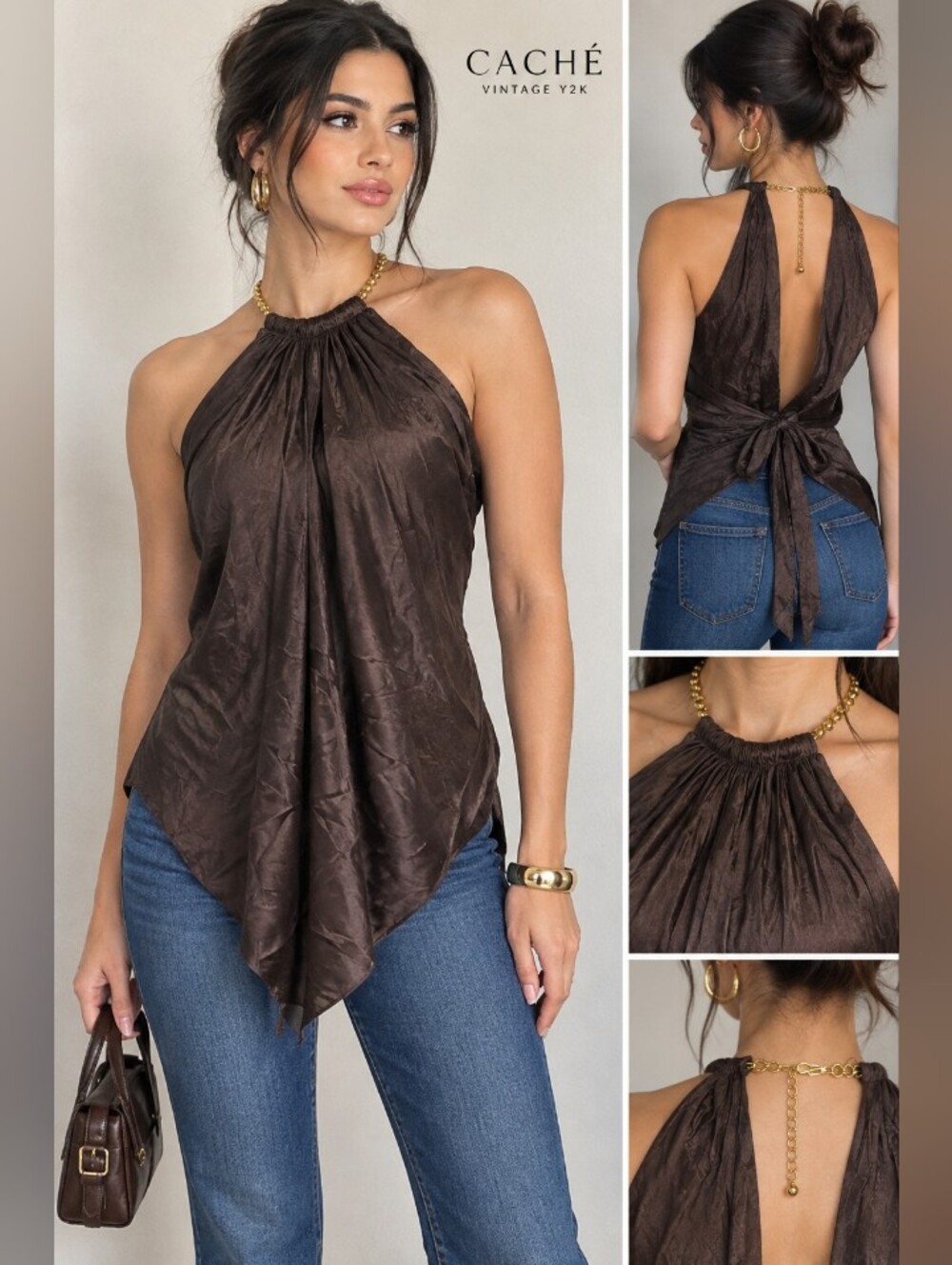 Cache Vintage Y2K Silk Brown Satin Halter Tie-Back Camisole